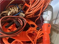 Basket of Extension Cords, Wheel, bungee cords,