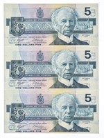 Group of 3 Bank of Canada 1986 $5 Choice UNC In Se