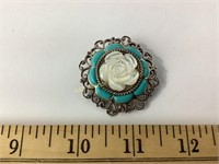Sterling, turquoise & carved MOP brooch 20 grams