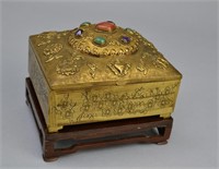 Chinese Brass Box On Wooden Stand