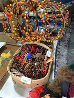 Basket of Pinecones & Decorative Pumpkin