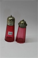 RUBY GLASS SALT AND PEPPER SHAKERS 6"