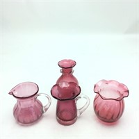 4 PIECES OF CRANBERRY ART GLASS