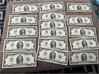 (16) consecutive $2.00 bills serial numbers