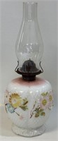 PRETTY FLORAL PATTERNED MILK GLASS OIL LAMP