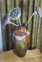 Brown pottery vase with monkey pods approx 14