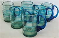 Set of 6 Hand Blown Blue Glass Mugs Barware