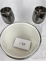 Silver colored Ice bowl with two matching glasses