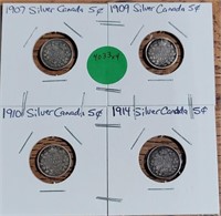 4X BID - 1907, 09, 10, 14 SILVER CANADA 5-CENTS