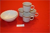 Stoneware Bowls and Arcopal Mugs x 4