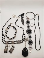 (LB) Black Beaded Silvertone Necklaces, Ring,