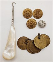 (H) Vtg Mother of Pearl Shoe Hook, Buttons and
