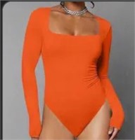 LAOLASI Orange Bodysuits Square Neck Long Sleeve