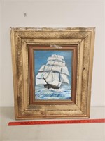 Large Ship Oil on Canvas in Gold Frame