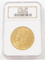 NGC GRADED 1904 $20 LIBERTY HEAD GOLD COIN MS62