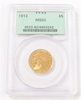 PCGS GRADED 1912 $5 GOLD INDIAN MS62
