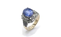 Synthetic sapphire set silver & 9ct gold ring