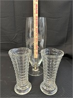 2 Crystal and 1 Etched Glass Vase