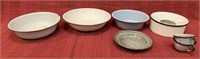 7 Unmatched graniteware items,Spitoon, 3 large