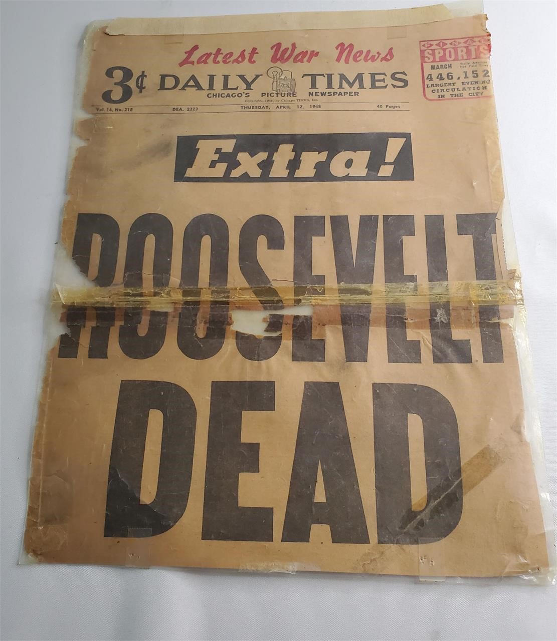 President Roosevelt Dead Newspaper Original