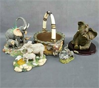 Group of 5 Elephant Collectible Figurines & Basket