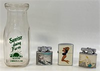 THREE NICE VINTAGE LIGHTERS & SUNRISE DAIRY