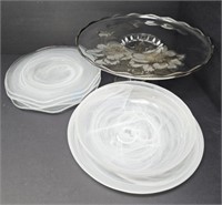 Etched Cake Plate with White Swirl Glass Plates
