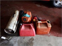 (5) gas cans and Reddy Heater kerosene heater