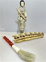 Pieced Bone Geisha Figure, Calligraphy Brush and