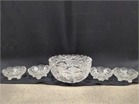 Vtg lge Pinwheel Crystal bowl, 4 small pressed
