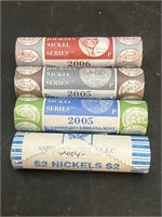 4 Rolls of Jefferson Nickels (2004, 2-2005, 2006)