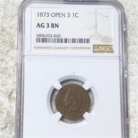 1873 Indian Head Penny NGC - AG 3 BN OPEN 3