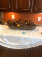 Decorative wood boat with coconuts & pinecones #96