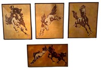 Four Mid Century Dyed Silk Works of Horses