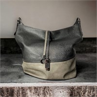 Black and gray leather tote bag