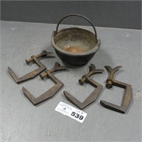 Primitive Iron Clamps, Cast Iron Melting Pot