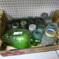 Assorted Blue Ball Mason Jars, Green Glass Jug