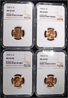 1953-S, 54-D, 55-D, 56-D LINCOLN CENTS NGC MS66 RD