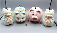 4 Mid-Century Pink & Blue Ceramic Piggy Banks