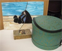 Stained Glass, Hat Box & Wood Box Lot