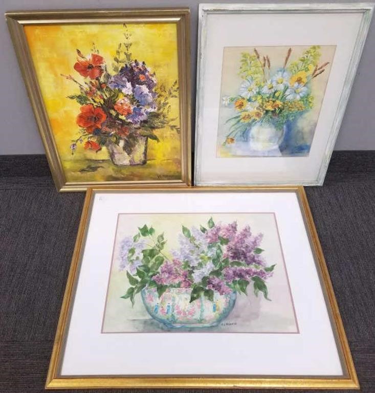 3 signed V.S. Morris paintings - floral still