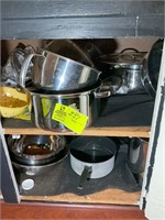 LEFT TWO BOTTOM CABINETS, MISC POTS AND PANS