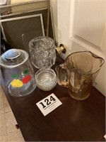 Pitcher, crystal pattern glass, side dishes