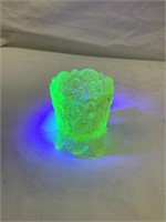 Vaseline Glass Toothpick Holder, Glowing, 2 1/2”T