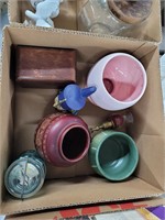 Lot - 3 flower pots, jar, box