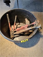Tote of tractor draw bars & bolt cutters
