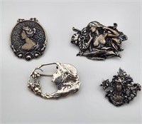 4 Sterling Art Nouveau Pins / Pendants