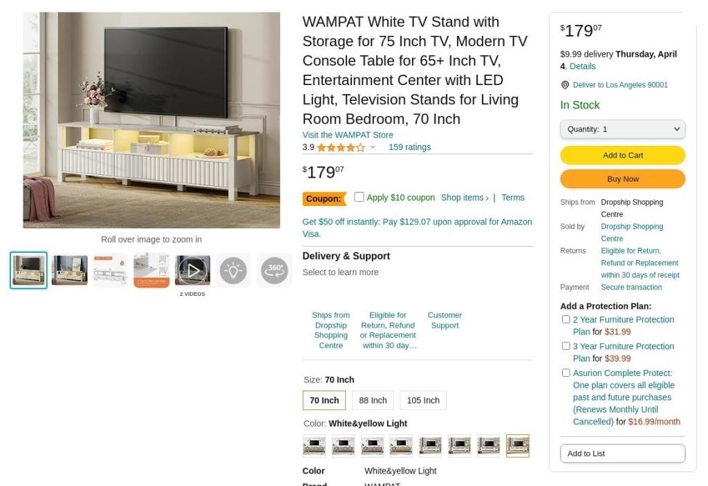 B4538  WAMPAT White TV Stand, 70" Console