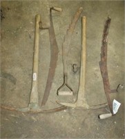 3 vintage hay knives & 2 pick axes