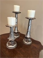 3 - Decorative Silver Candle Stands W/ Candles